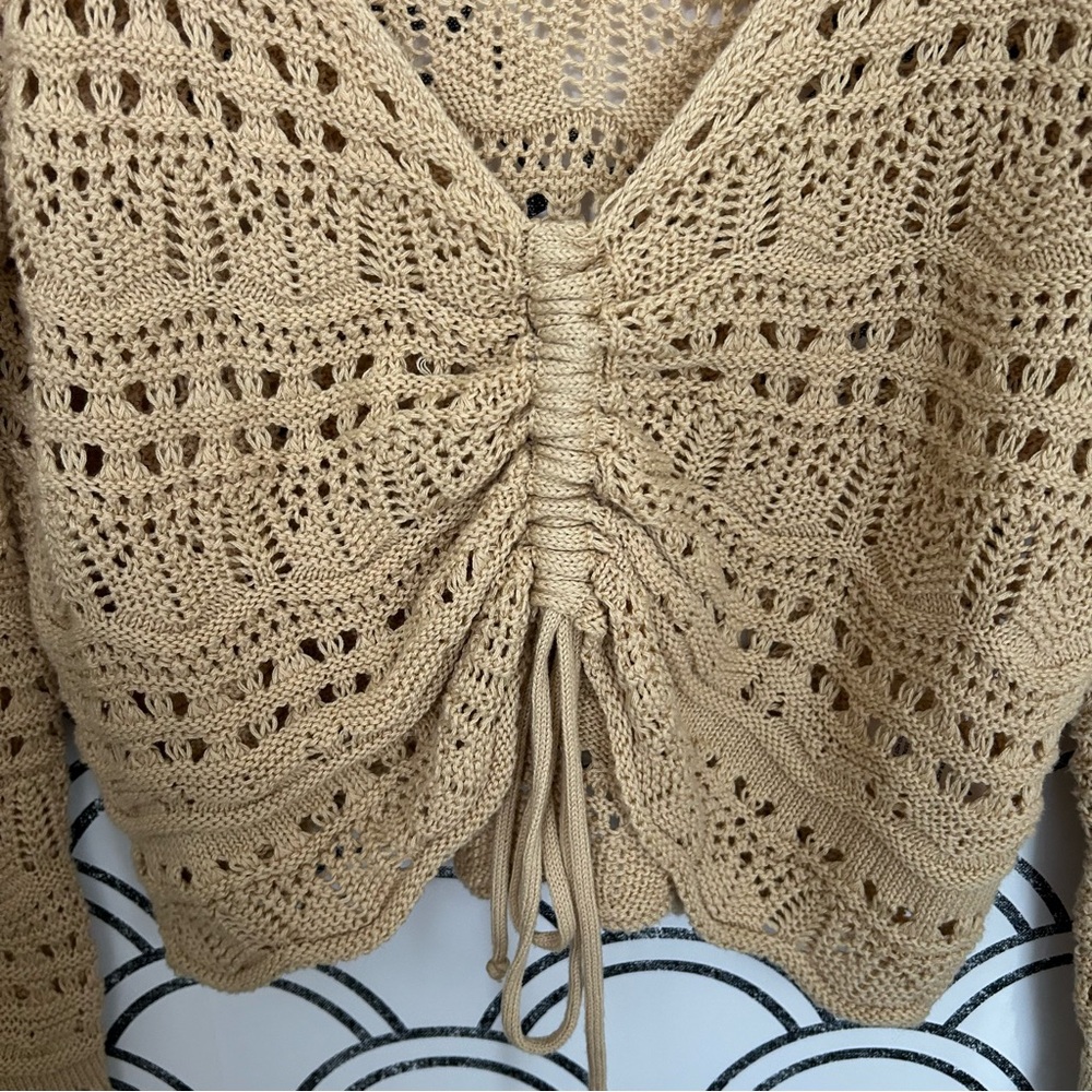 Lulus Only Yours Beige Sheer Crochet Ruched Sweater Top Small - Picture 5 of 7